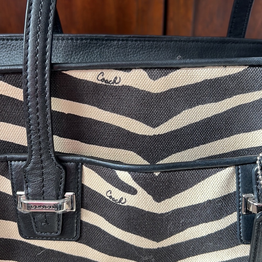 Coach Tote zebra print in tan & black leather trim & handles EUC - Picture 2 of 13
